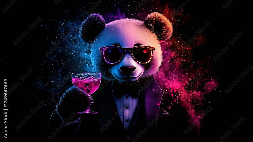 Aufkleber a panda in a tuxedo sips wine in front of a vibrant color display