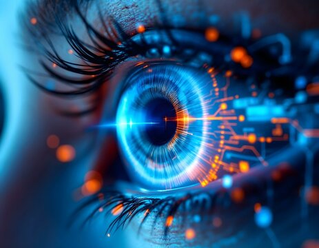 Extreme close-up of a cybernetic eye, glowing blue iris, digital circuitry - Powered by Adobe