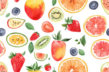 Vibrant watercolor fruit seamless pattern with sharp edges, perfect for summer designs. Ideal for textiles, wallpapers, and packaging. Fresh, colorful, and playful in a bright palette.