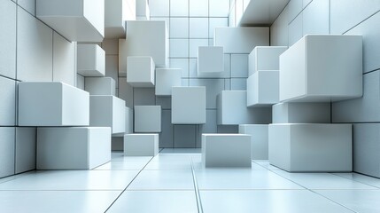 Obraz premium Abstract white cube room, modern design, tiled floor, background for technology