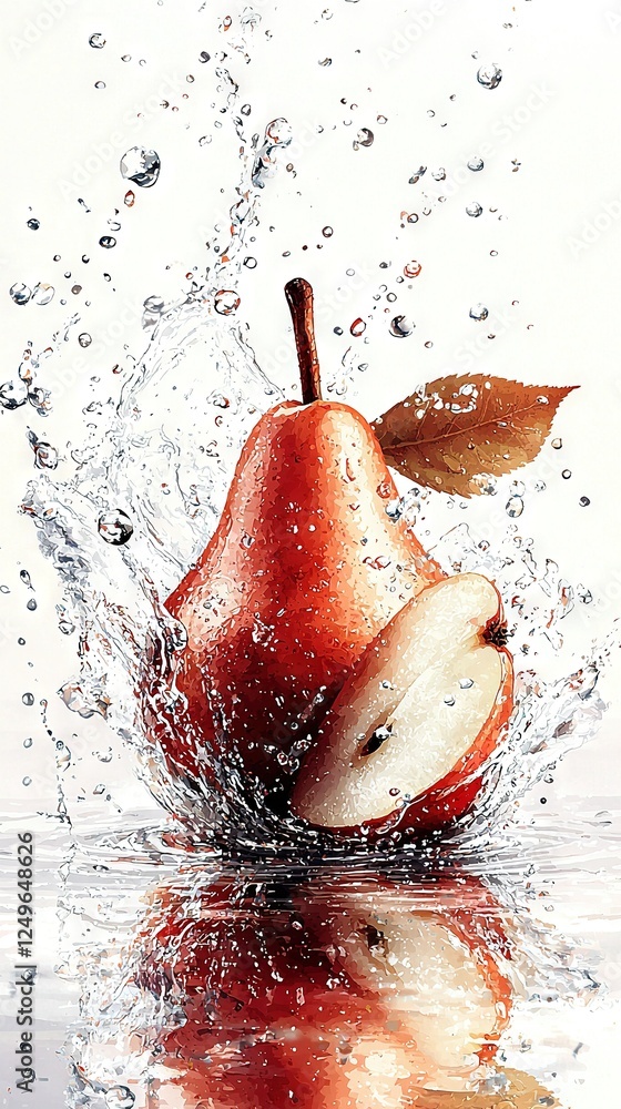 Aufkleber an apple falls into water with a leaf attached to its side, causing it to splash on the surface