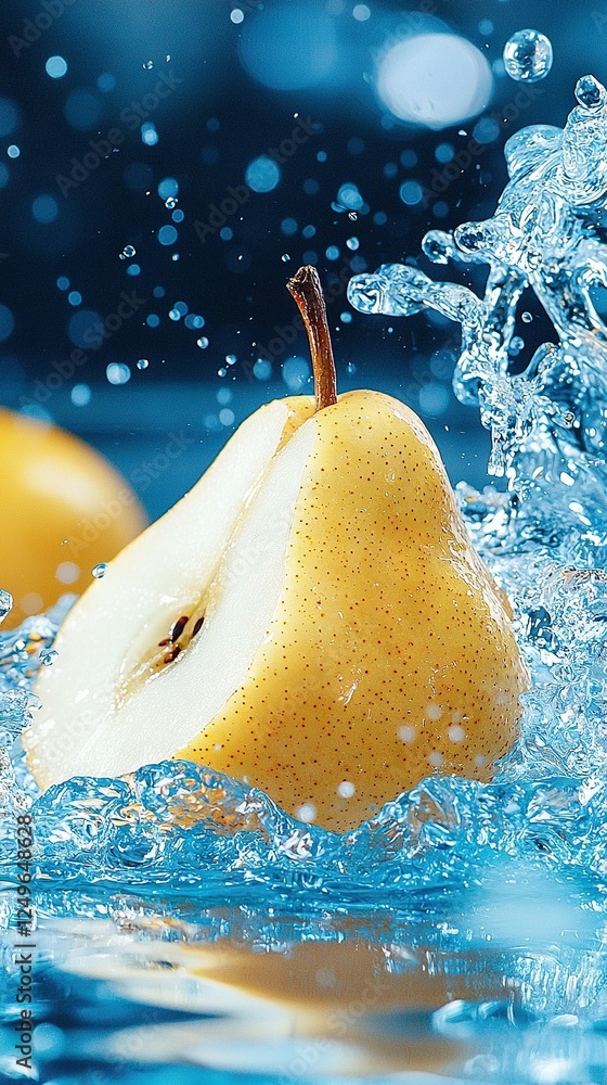 Poster a close-up shot of an apple submerged in water with a droplet of water on its side, while another ap