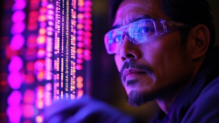 A man wearing safety glasses looks intently at a wall of glowing lights.