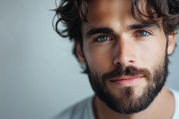 Fototapeta premium Close-Up Portrait of a Handsome Man with a Beard and Striking Blue Eyes