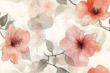 Minimalist floral seamless pattern with delicate flowers and leaves in soft pastels. Watercolor textures create a tranquil, organic feel, perfect for various design applications.