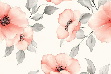 Minimalist floral seamless pattern with delicate flowers and leaves in soft pastels. Watercolor textures create a tranquil, organic feel, perfect for various design applications.