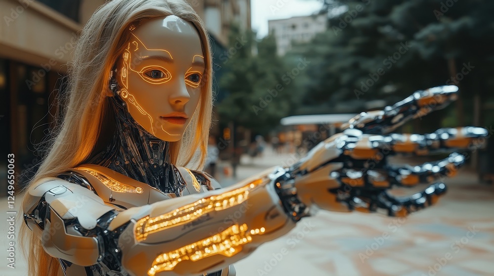 Poster a humanoid robot with glowing features reaching out in an urban setting.