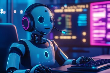 A sophisticated robotic call center agent, using an advanced headset, engages in seamless online chats, showcasing cuttingedge technology for exceptional customer support in todays digital age