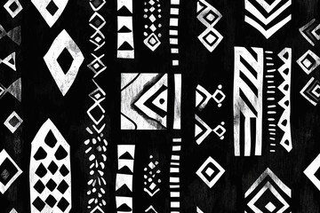 Monochrome African seamless pattern with intricate geometric shapes and tribal motifs.Design with watercolor textures