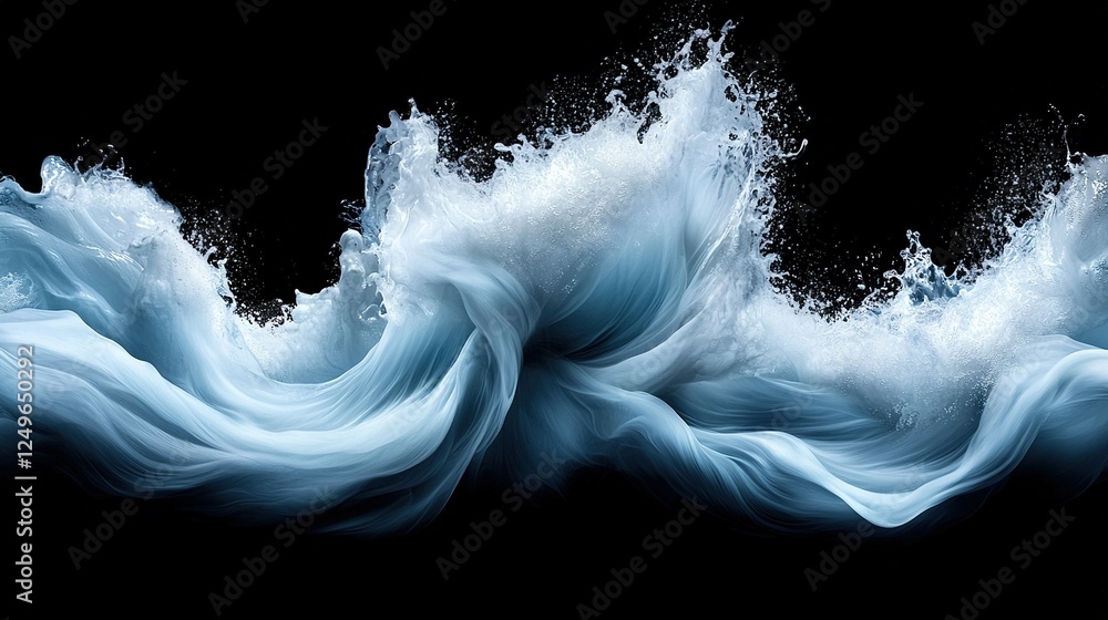 Poster a blue wave splashes on a black background, creating an image with a striking contrast between the c