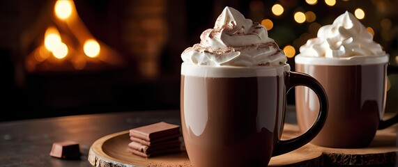 An inviting closeup of mugs filled with homemade hot cocoa topped with whipped cream promising warmth and holiday spirit in every sip