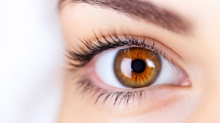 Obraz premium Close-up of a woman's eye showcasing intricate details of the iris and eyelashes with soft lighting