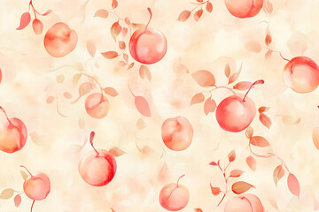 Whimsical seamless pattern in peach fuzz hues, featuring soft watercolor textures, stylized peaches, delicate leaves. Perfect for inviting design,textile,wallpaper,pattern fills,covers,surface,print.