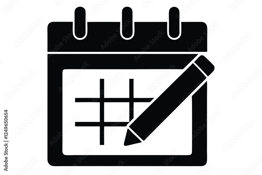 Poster calendar icon with a pencil for marking dates on a white background