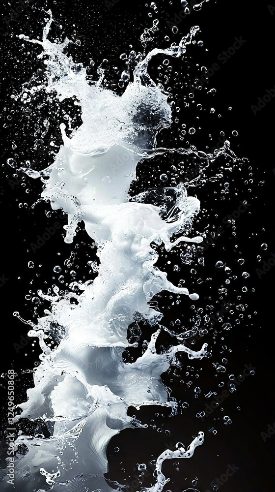 Poster a monochrome photograph featuring water cascading from the upper part and a small splash at the lowe