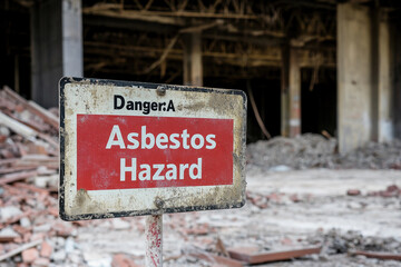 Fototapeta premium Asbestos Sign. Asbestos warning sign , Asbestos Hazard Signage Amidst Deteriorating Building Materials