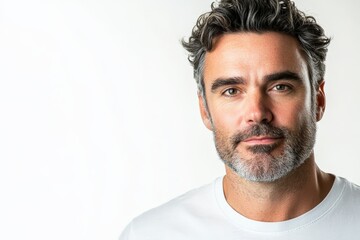 Obraz premium Confident Man with Curly Hair and Beard in Casual White T-Shirt