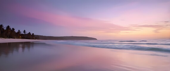 An inviting beach scene at dusk with soft pastel colors reflecting on the water where relaxation meets serenity in natures embrace