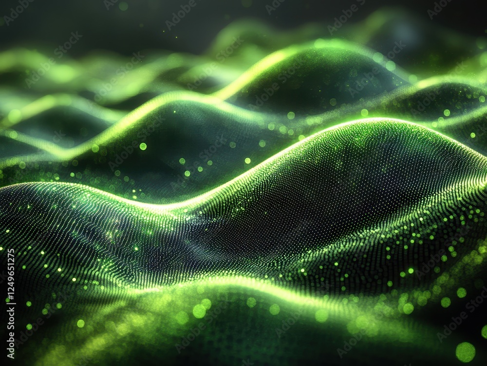 Poster abstract representation of flowing green waves with glowing particles.