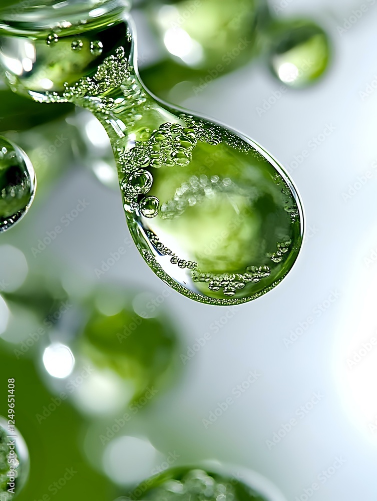 Poster sparkling water drop with tiny bubbles in green tones, macro photography showing crystal clear liqui