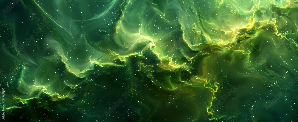 Poster cosmic nebula with swirling green and yellow gases creating ethereal patterns against dark space bac