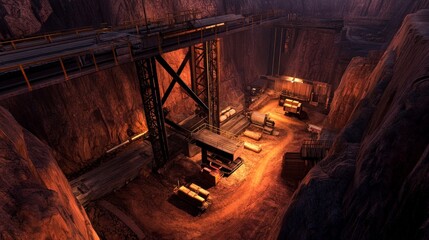 Aerial view of a mining site showcasing machinery and equipment in a rugged canyon environment