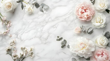 flat lay, kwiaty, kompozycja, białe tło, marmurowe tło, pastelowe kolory, estetyka, peonie, róże, eukaliptus, nowoczesny design, czysta kompozycja, minimalizm, elegancja, subtelność, fotografia stocko