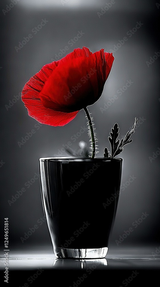Aufkleber a monochrome image portrays a red blossom within a dark container with emanating smoke