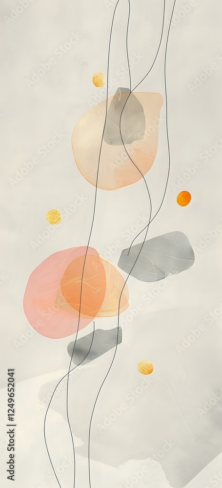 Poster minimalist abstract composition with flowing lines and soft peach, orange and gray shapes on light b