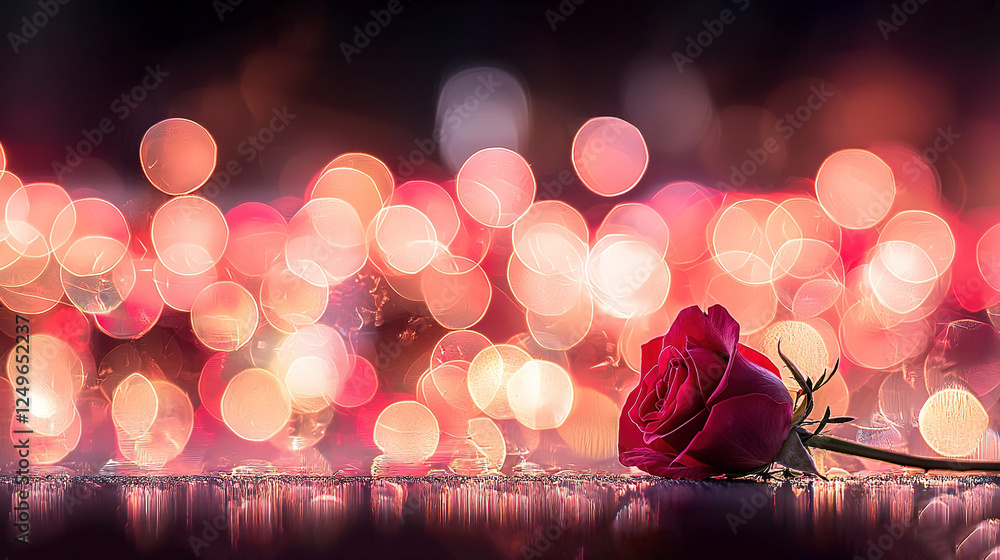 Poster a lone bloom resting on a table against a hazy cityscape backdrop featuring twinkling lights