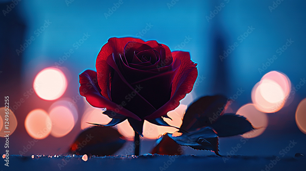 Poster focused image of a lone red rose resting atop a table, with a sharp view of a distant street light i