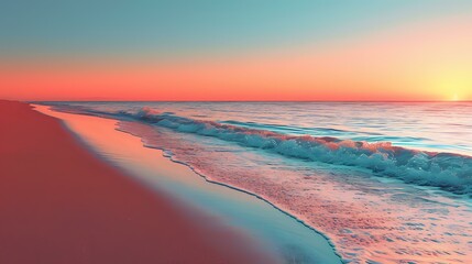 Dreamy coral and turquoise beach landscape with gentle waves rolling onto shore during vibrant sunset, creating serene coastal atmosphere with pastel colored sky.