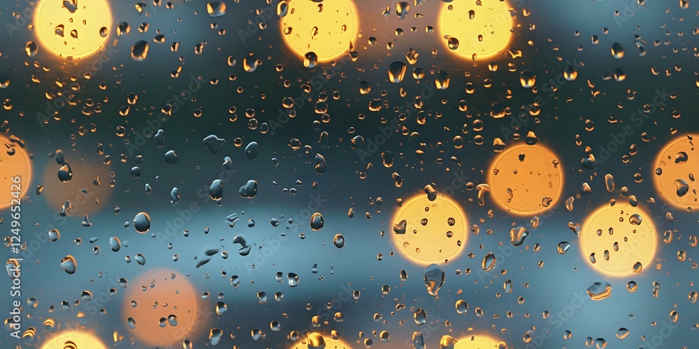 Poster glowing bokeh lights through wet window glass with raindrops creating atmospheric mood. night city v