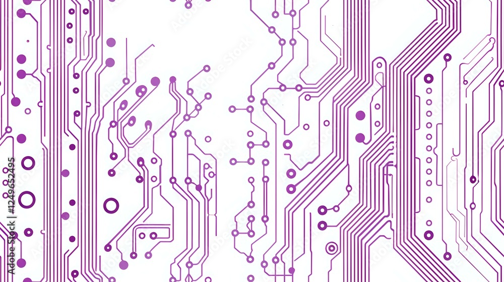 Poster purple circuit board pattern with electronic pathways and connection points on white background, sea
