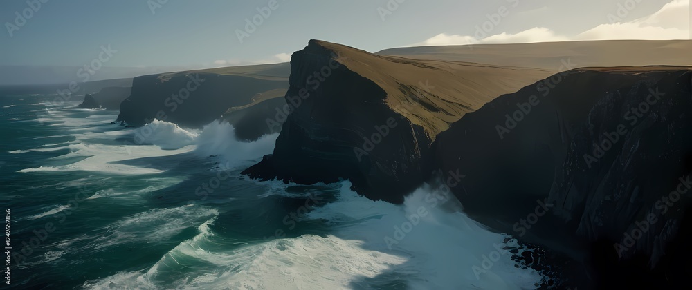 Wall mural an impressive scenic view of rugged coastlines down below where waves crash against cliffs creating 