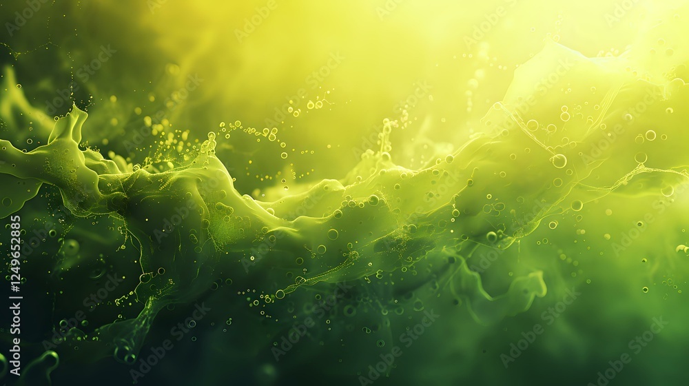 Poster vibrant green liquid abstract with dynamic swirls and light rays creating atmospheric underwater eff