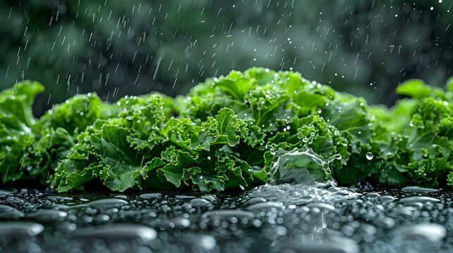 Fresh green kale leaves with water drops in rain, macro photography on dark background with bokeh effect and selective focus. Natural organic produce.