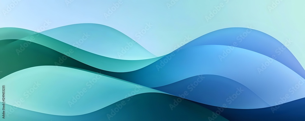 Poster Smooth flowing waves in turquoise, blue and green gradient colors create abstract layered background pattern with soft curves and modern minimalist design.