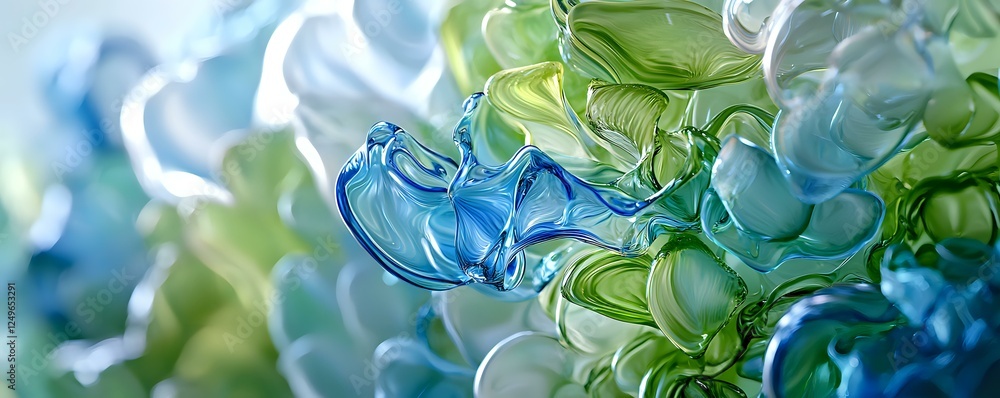 Poster abstract fluid art background with swirling blue and green translucent shapes creating dynamic motio