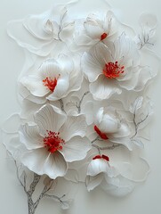 Delicate white paper flowers with red centers on light background, featuring intricate petals and hand-drawn stems creating elegant floral wall art composition.