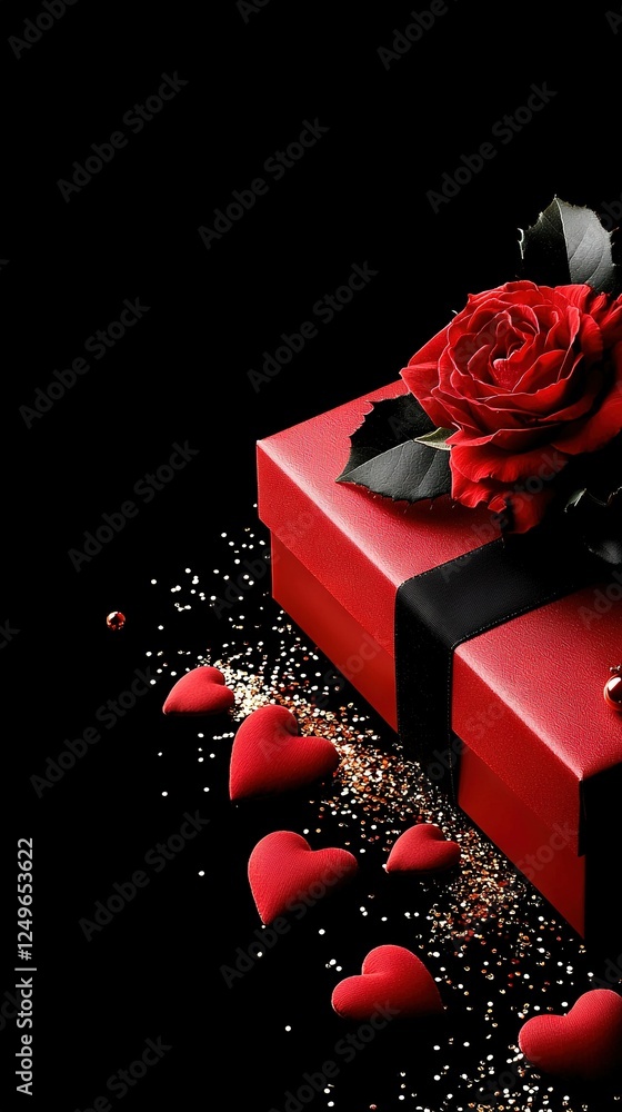 Poster red box with rose and heart-shaped objects on black backdrop
