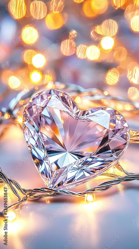 Poster a heart-shaped diamond rests atop a table alongside strings of lights and a strand of chain lights