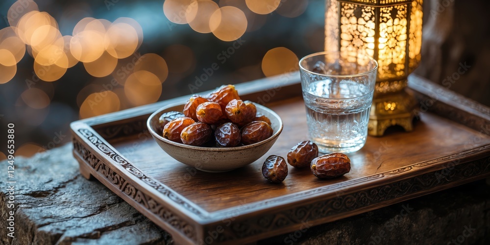 Poster delightful platter of dates with a glass of water beside a lantern in an enchanting evening setting
