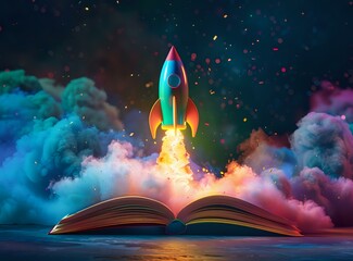 Open book with magical rocket launch emerging from pages amid colorful smoke clouds and sparkles, creative education and imagination concept for storytelling.
