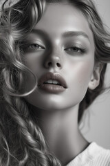 Fototapeta premium Black and White Editorial Fashion Magazine Photo – Beauty Portrait of a Glamorous Woman with a Thick Braid
