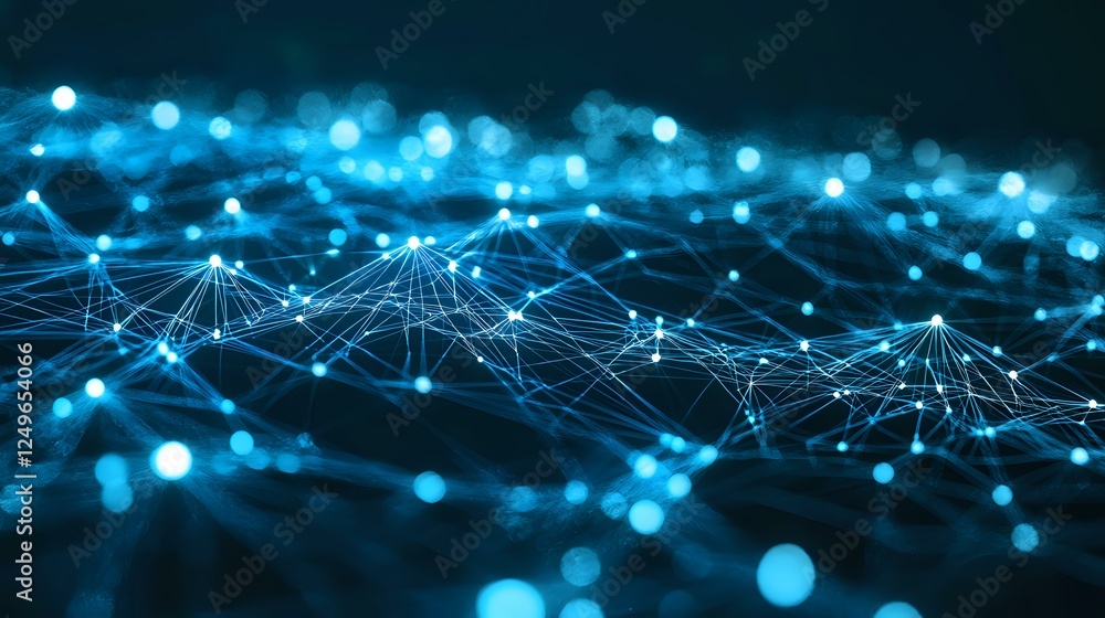 Poster Abstract network visualization with glowing blue nodes and connecting lines against dark background, representing digital connectivity and data flow in technology.