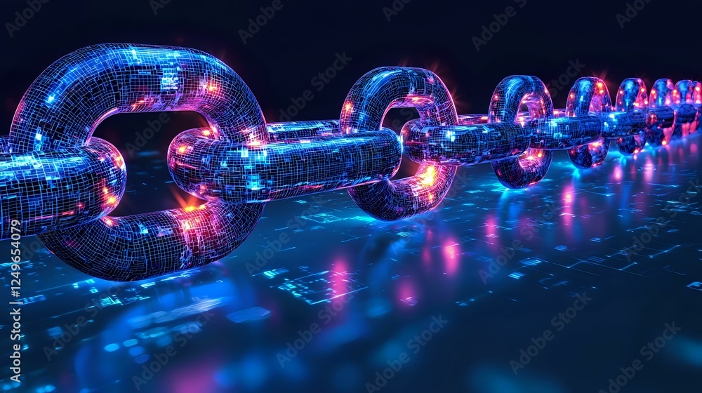 Poster glowing digital blockchain chain links in blue and pink neon colors on dark background with technolo