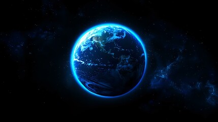 Obraz premium Glowing blue planet Earth in dark space with bright atmosphere effect and stars. Futuristic cosmic view of globe showing continents and oceans in night environment.