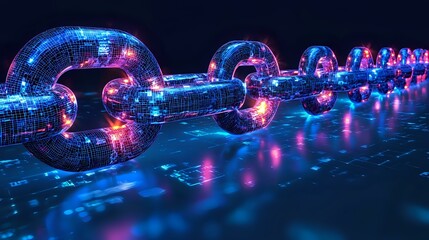 Glowing digital blockchain chain links in blue and pink neon colors on dark background with technology circuit pattern and light reflections.