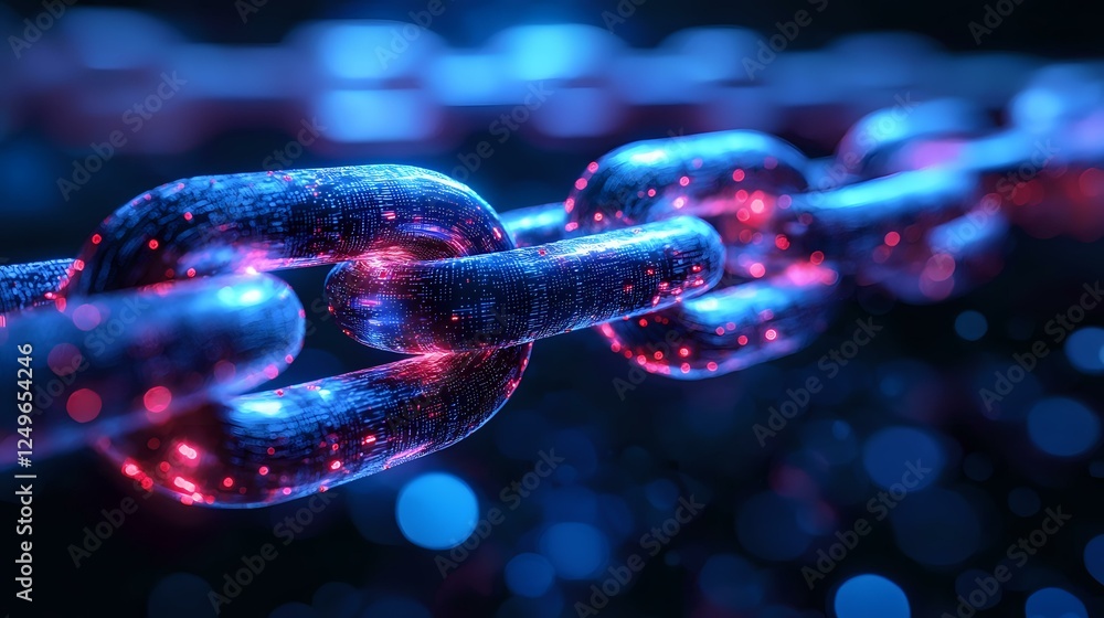 Poster Glowing digital chain links in blue and red neon colors against dark background with bokeh effect, representing blockchain technology and secure connection.